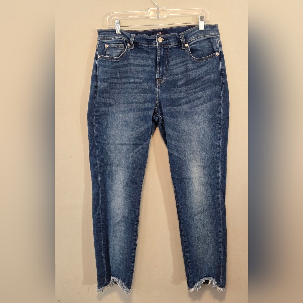 7 for All Mankind Ankle Skinny Jeans Fray Uneven Hem Size 32 Blue